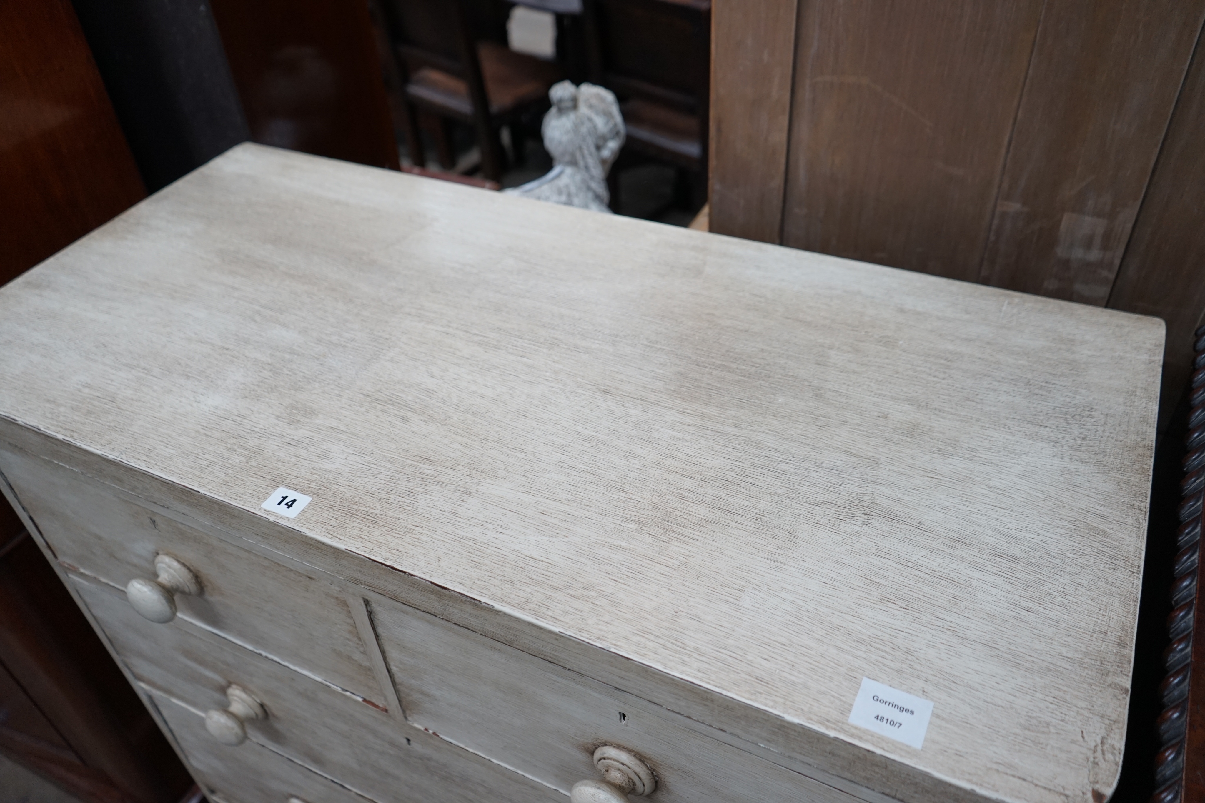 A Victorian later painted chest of two short and three long drawers, width 102cm depth 48cm height 111cm